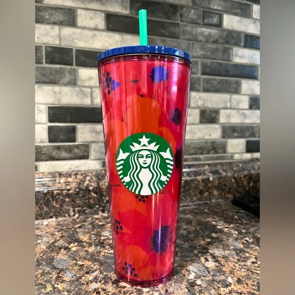 Starbucks 2022 Summer Red Floral Acrylic 24 oz, Tumbler with Blue Flowered  Lid